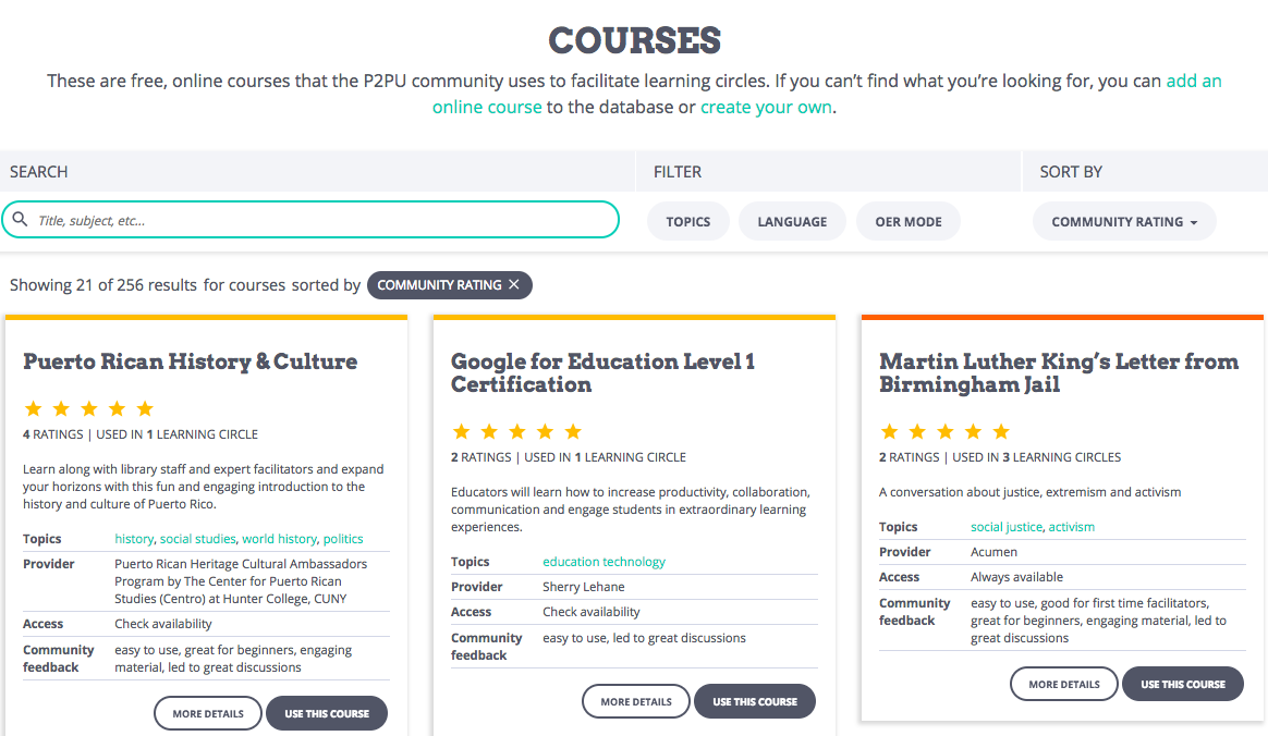 This is a screenshot of the P2PU courses page