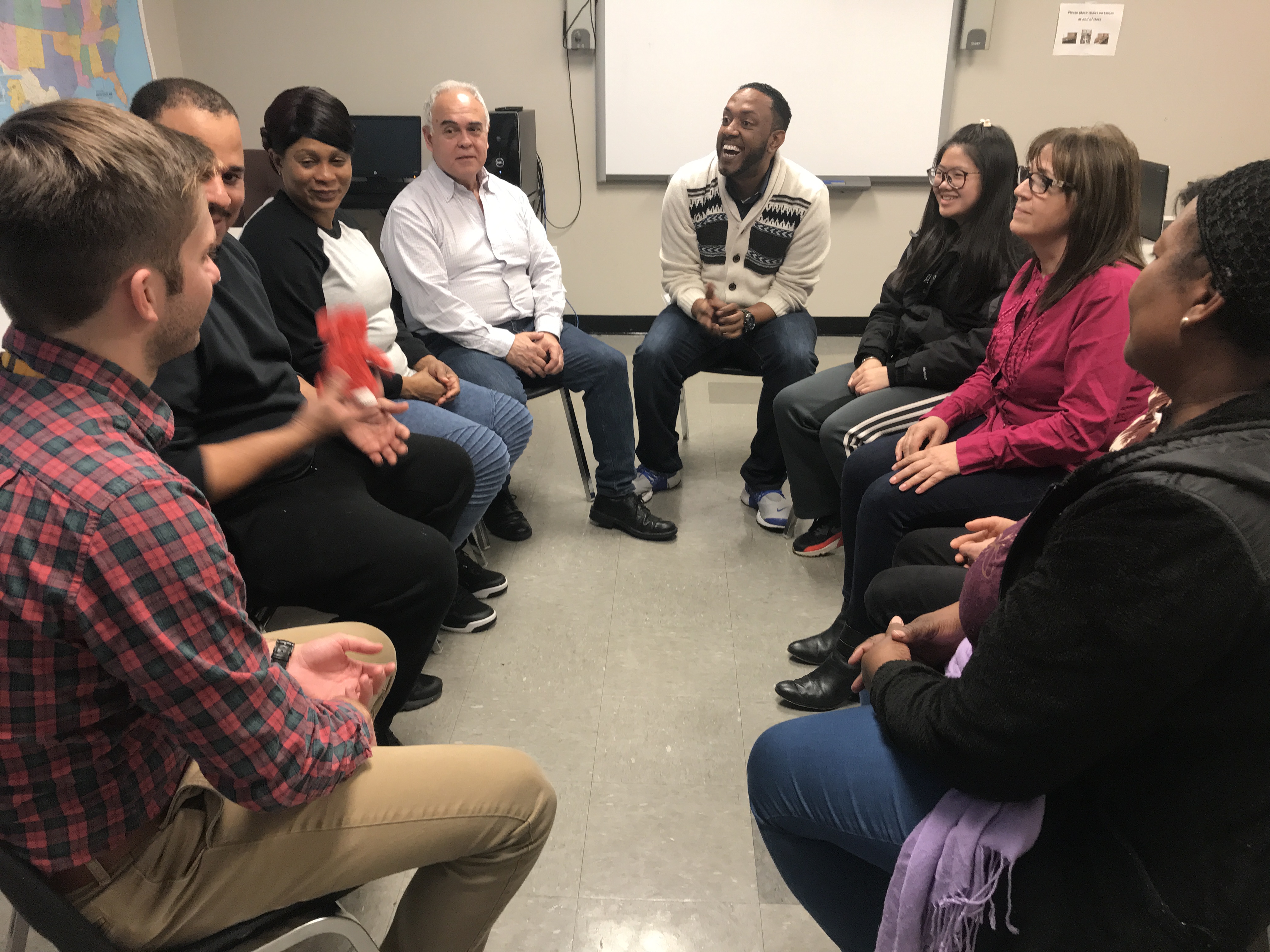 Here is a picture of people doing an introductory check-in during a learning circle.