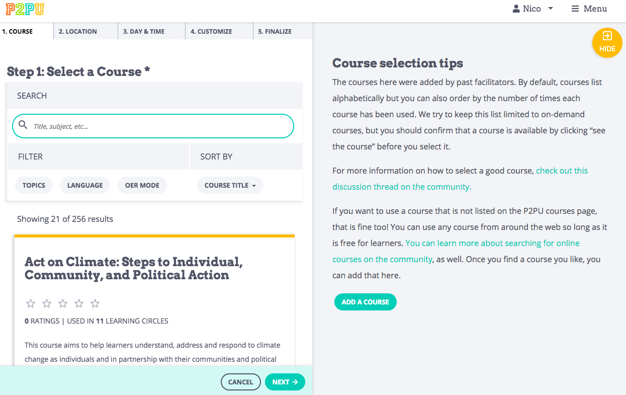 This is a screenshot of the learning circle creation page. 